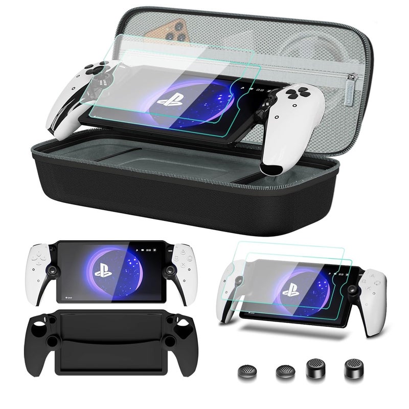 bibuks 8 in 1 Accessories Compatible with Playstation Portal,Carrying Case for PS Portal,Soft Silicone Protective Cover for PS5 Portal,2 Screen Protector with 4 Thumb Grip (Black) - Image 1